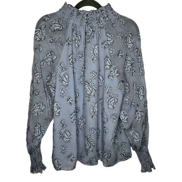 Rebecca Taylor Smocked Neck Silk Blend Rose Print Blouse‎ Light Blue Metallic 10 - Picture 5 of 11